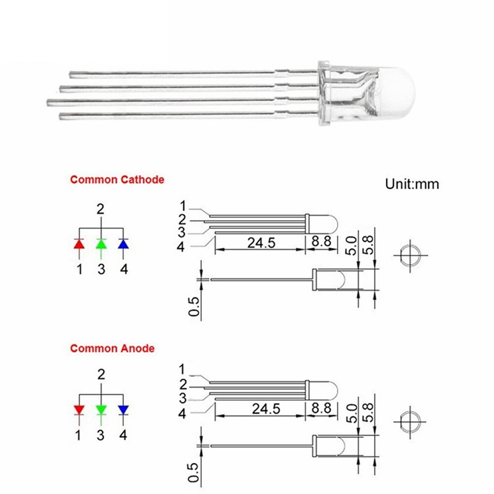 5mm full-color LED RGB red, green and blue Four feet transparent / Fog highlight color Controllable seven lights Common anode