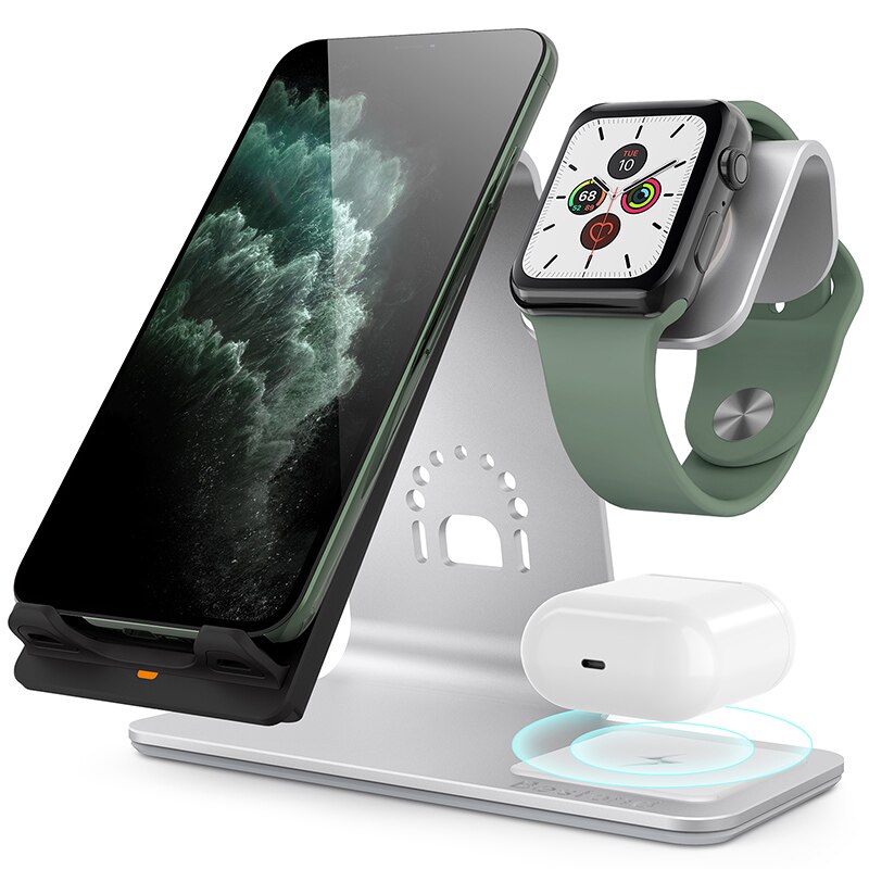 Bonola ti-mezclle 3 in1 cargador inalámbrico rápido para iPhone11/11Por/XsMax cambio inalámbrico para AirPods base de carga para iWatch4/3: Silver