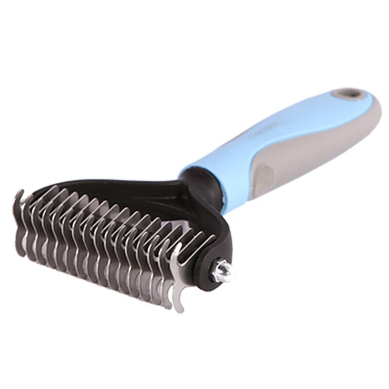 Removedor de pelo para mascotas, cepillo para quitar el pelo de perro con pelo cortador de nudos de acero inoxidable, cortador de doble cara, herramientas de aseo para gatos 66CY: Blue L