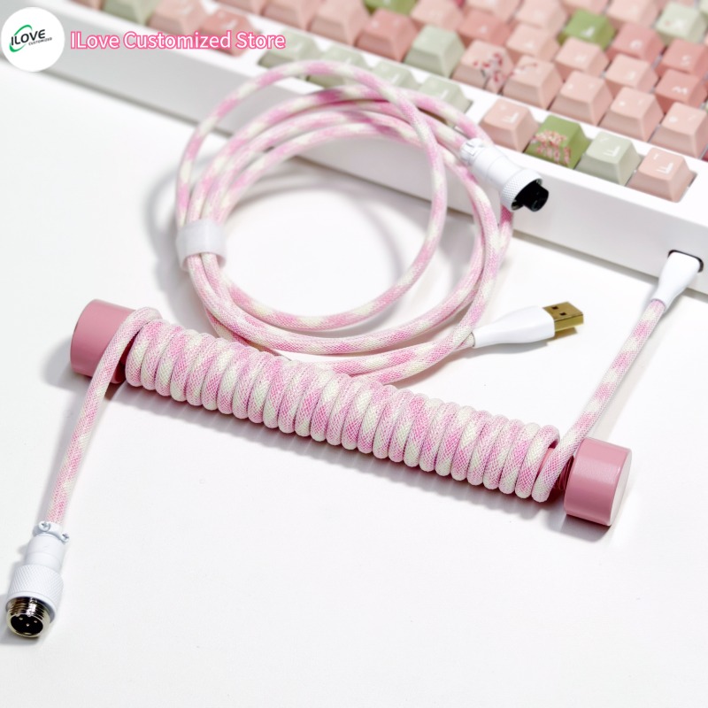 Coiled Keyboard Cable USB C + Protection Rod for Mechanical Gaming Keyboard Double-Sleeved Wire with Detachable Metal Aviator