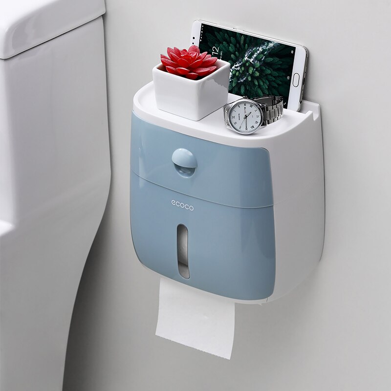 Waterproof Toilet Paper Holder Plastic Paper Towels Holder Wall Mounted Bathroom Shelf Storage Box Portable Toilet Roll Holder: Blue