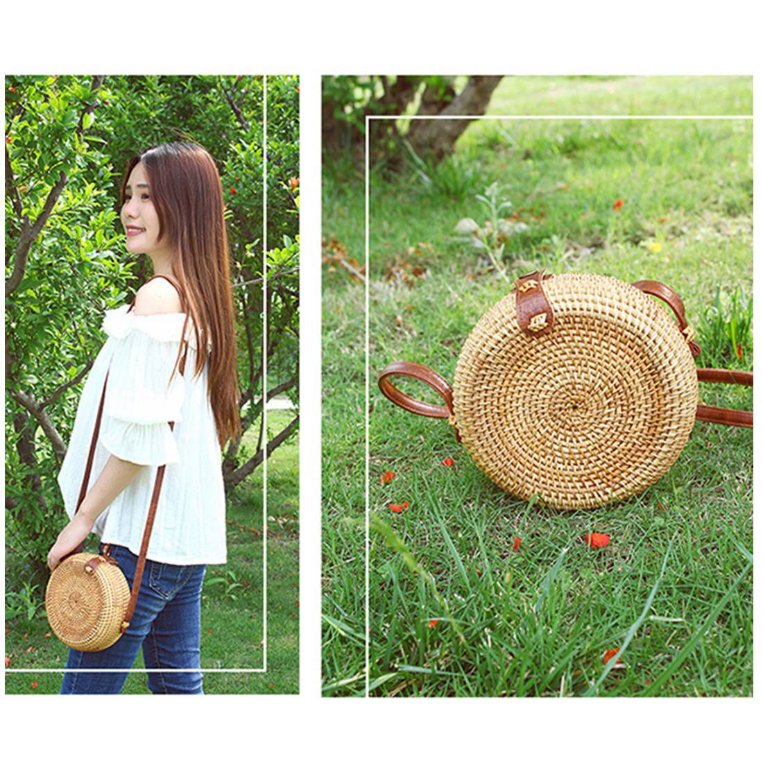 Ins Dames Hand-Geweven Zak Ronde Rotan Retro Literaire Hand Geweven Lederen Gesp Pakket Bohemen Strand Messenger tas