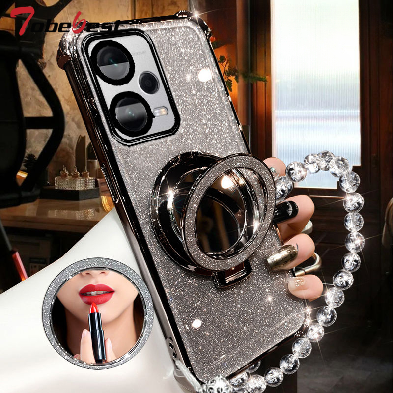 Étui pour Xiaomi Poco X5 Pro 5G, résistant aux chocs, placage de paillettes, Bracelet en cristal, miroir Magsafe, support de téléphone: Néoprène / Black