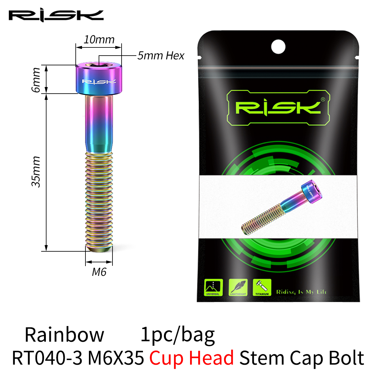 RISK 1PCS M6x30 M6x35 M6x40 M6x50mm Bicycle Headset Bolts Titanium Stem Cap Screws for Mountain MTB Road Bike M6*30/35/40/50mm