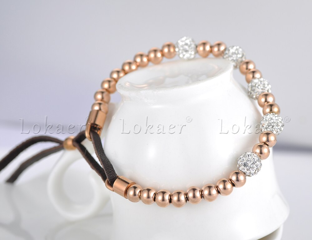 Lokaer Gold Color Round Beads With Rhinestone Beads Strand Bracelets Stainless Steel Adjustable Bracelet For Women B18024