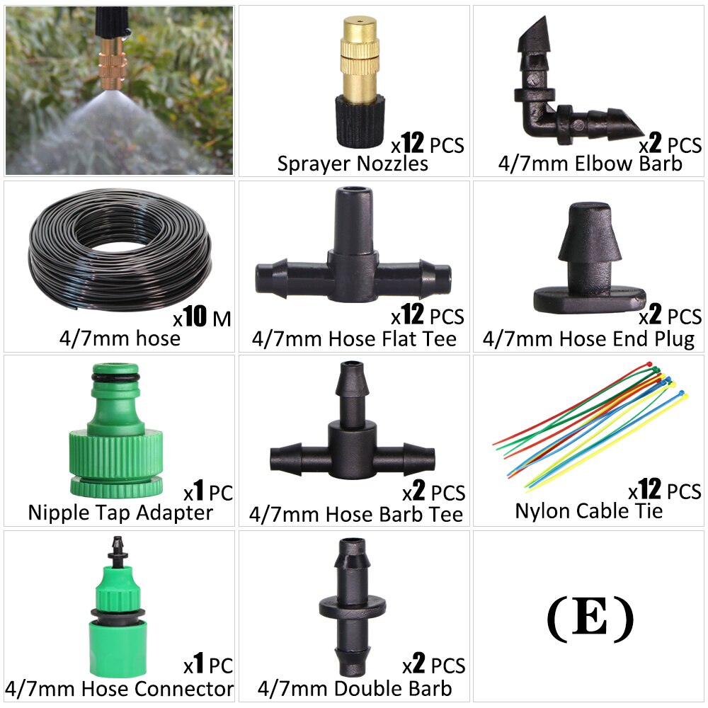 Garden Irrigation Kit Fog Nozzles Automatic Spray Sprinkler System 4/7mm Misting Watering Hose With Adjustable Dripper Connector: E