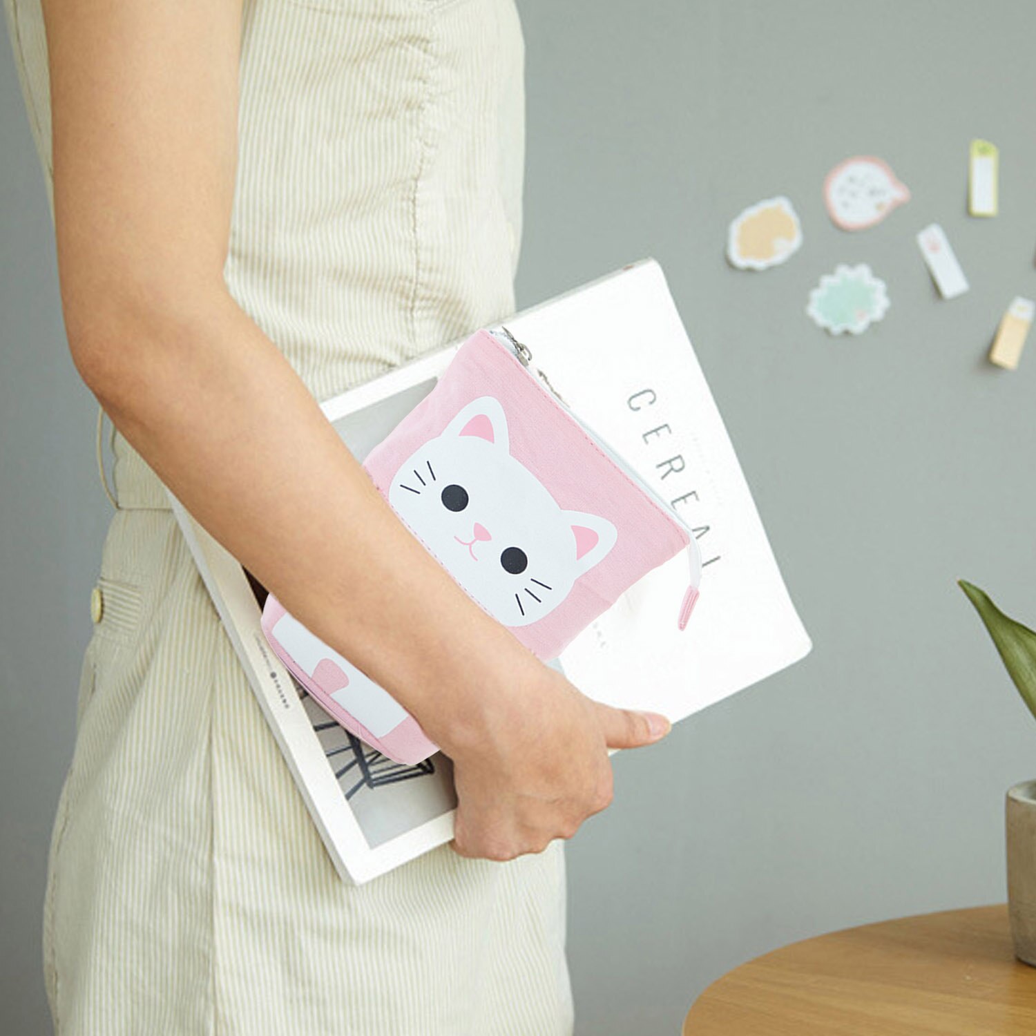 Cute Cartoon Cat Transformer Telescopic Canvas Stand Store Pencil Stationery Holder Pouch Bag Case with Zipper Closure