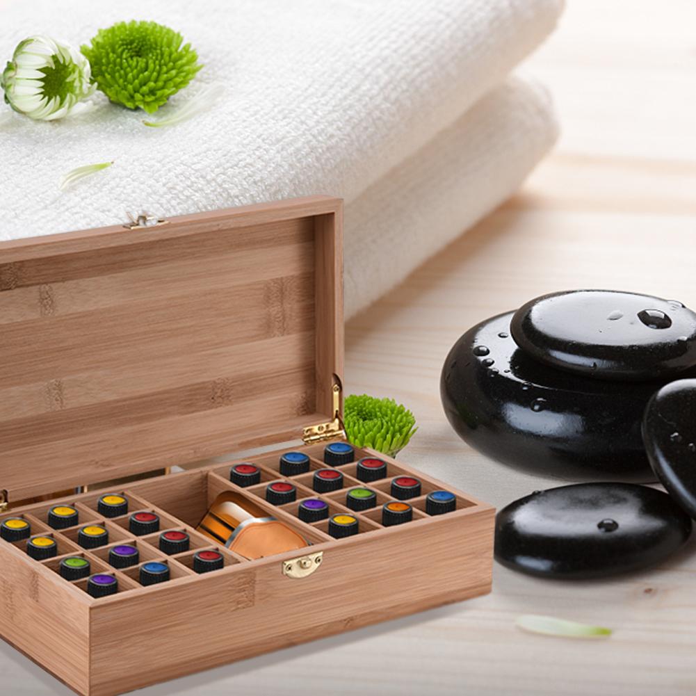 Boîte en bambou haut de gamme pour huiles essentielles, avec 25 grilles, boîtier de rangement en bois de protection, bricolage, pour ornement artistique, décoratif