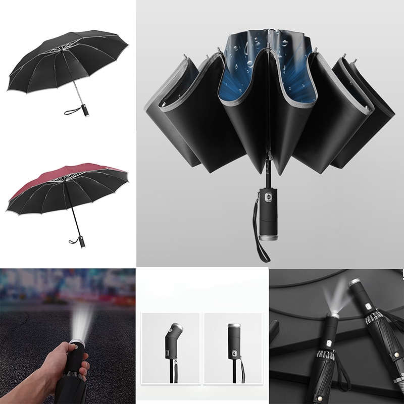 Automatische Reverse Paraplu Met Zaklamp 10 En 12 Botten Extra Grote 3-Vouwen Met Reflecterende Strip Paraplu Regen vrouwen