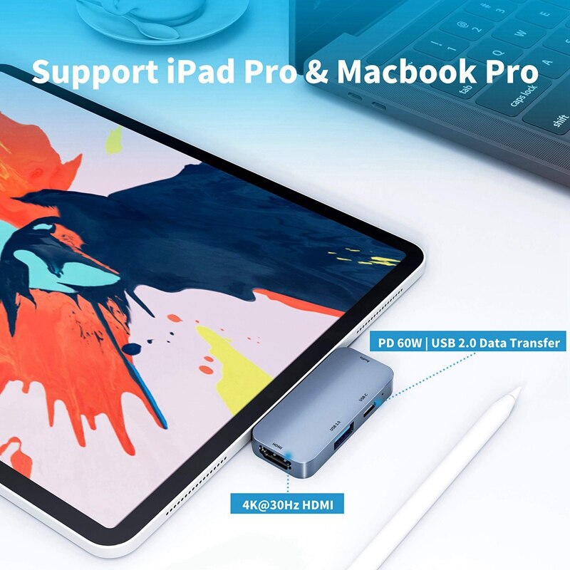 Usb c hub 4 em 1 tipo-c a 4k hdmi 60w pd carregamento docking station hub usb3.0 transferência rápida para ipad mac pro laptops