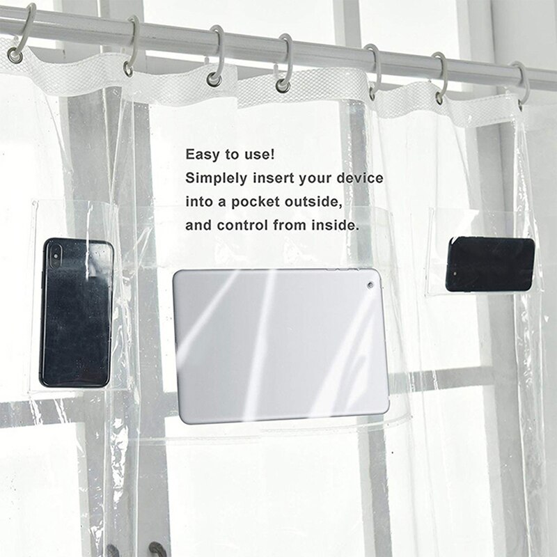 Rideau de douche multifonctionnel téléphone support de tablette rideau de douche clair avec poche pour écran tactile Transparent salle de bain douche