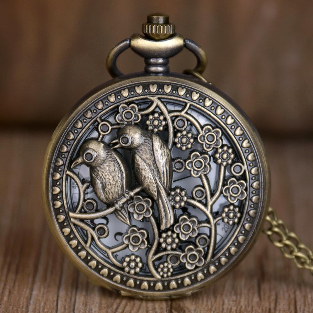 Vintage Hollow Pocket Horloges Kleine Vogel Bloem Patroon Quartz Zakhorloge Arabisch Numberals Wijzerplaat Hanger Ketting Ketting Horloges
