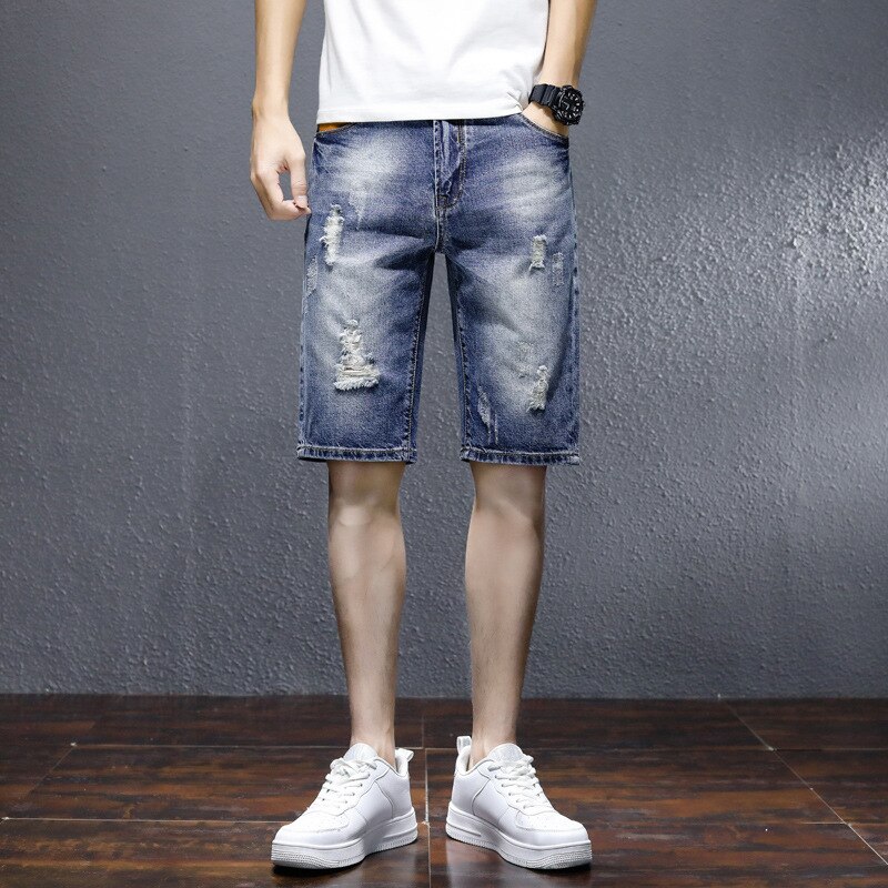 Pantalones cortos vaqueros clásicos para hombre, Vaqueros cortos rasgados, informales, ajustados, ropa de , de verano, 2022