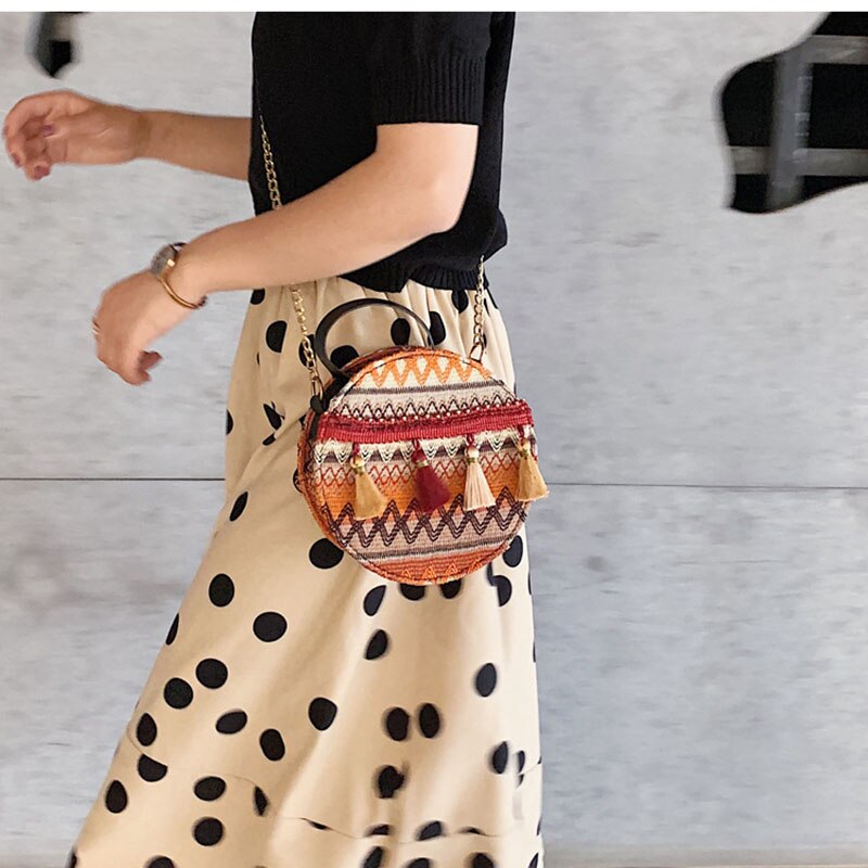 HUNI Women Bag National Wind Small Bags Female Tassel Portable Round Bag Woven Shoulder Bags