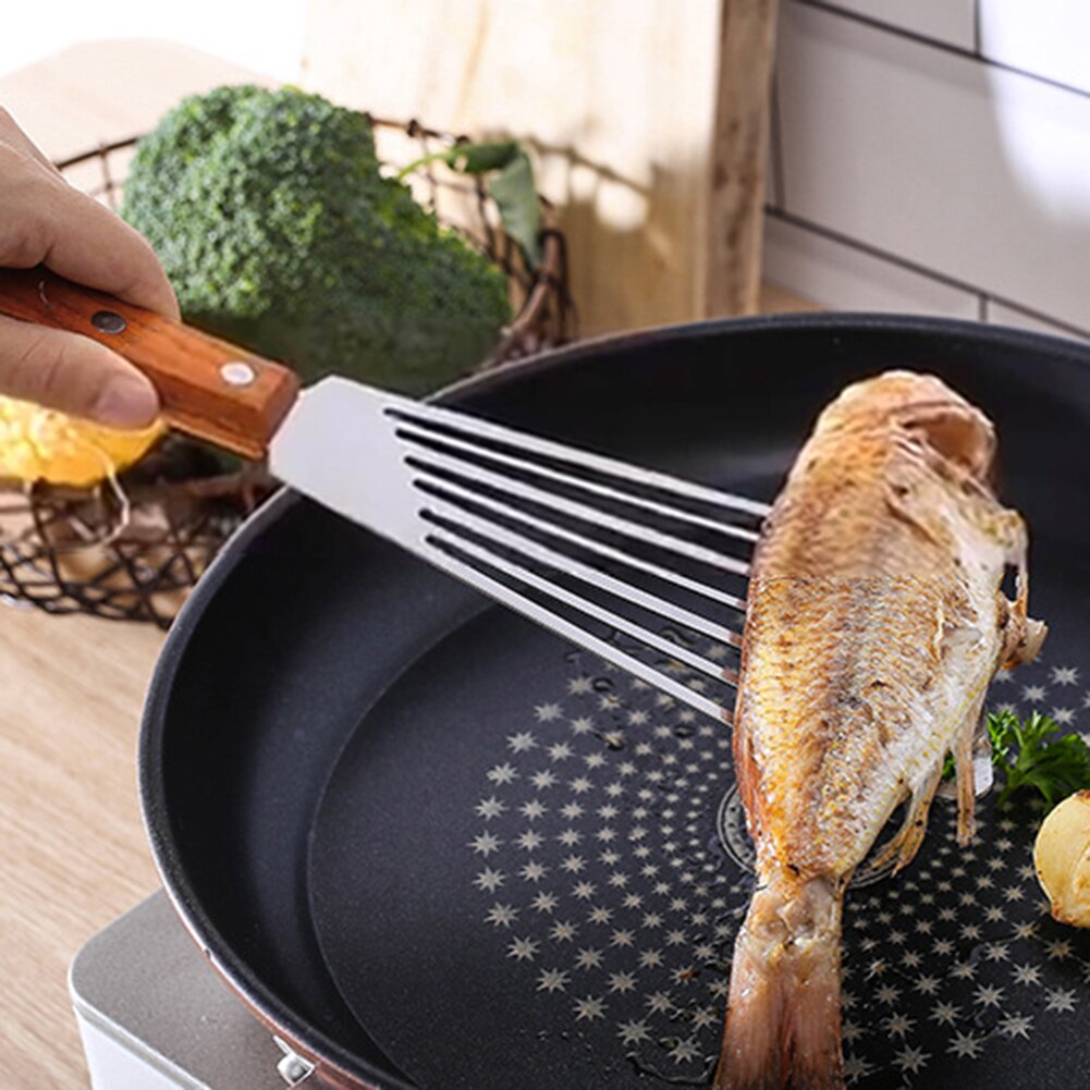 Halkfritt rostfritt stål stekspatel läckande spade fiskskiva köksredskap trä halkfri rostskydd perfekt för vardagligt bruk