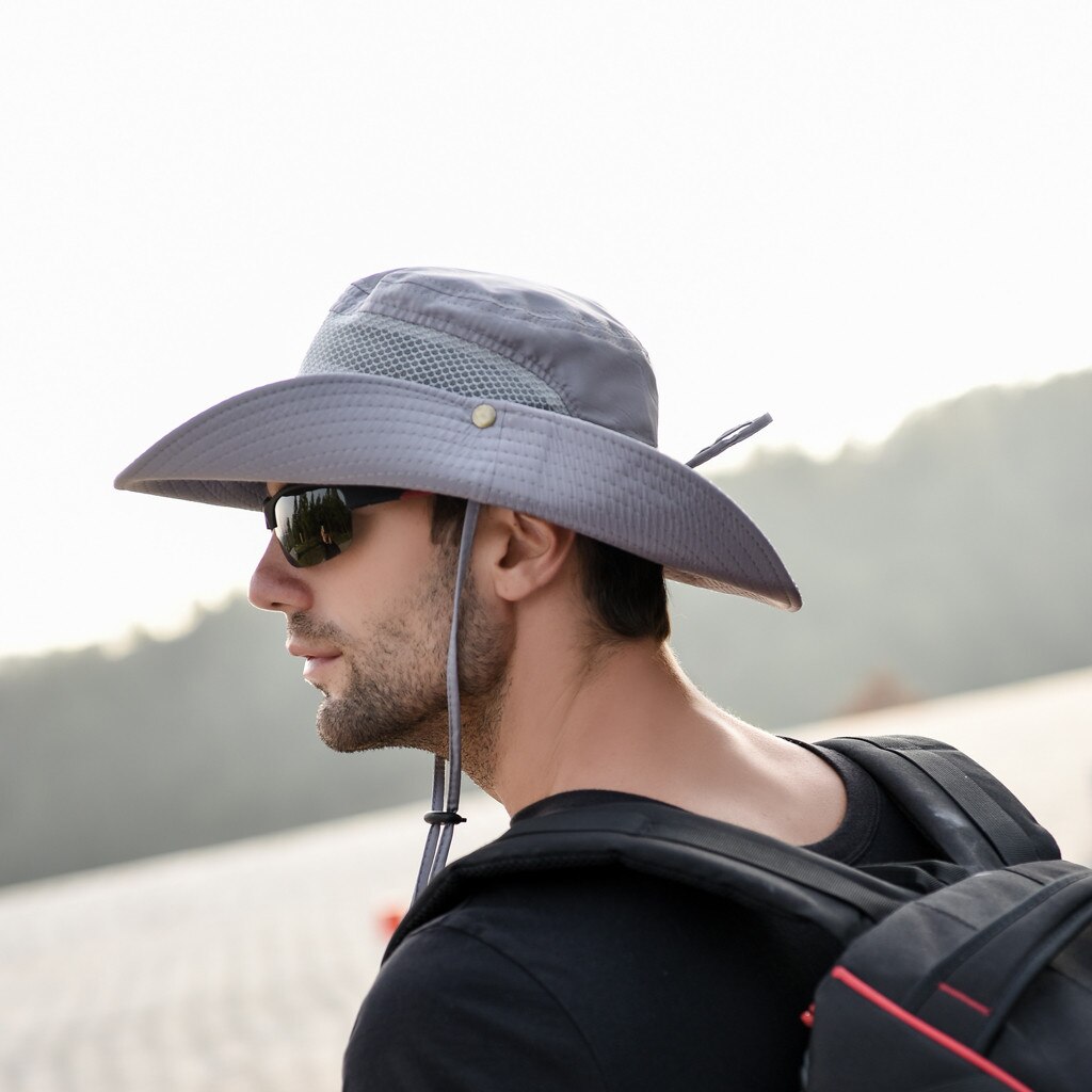 Spand hat mand anti-uv solbeskyttelse vindtæt udendørs sommer hatte panama mænd fiskeri jungle hat sombrero cubo c: Grå