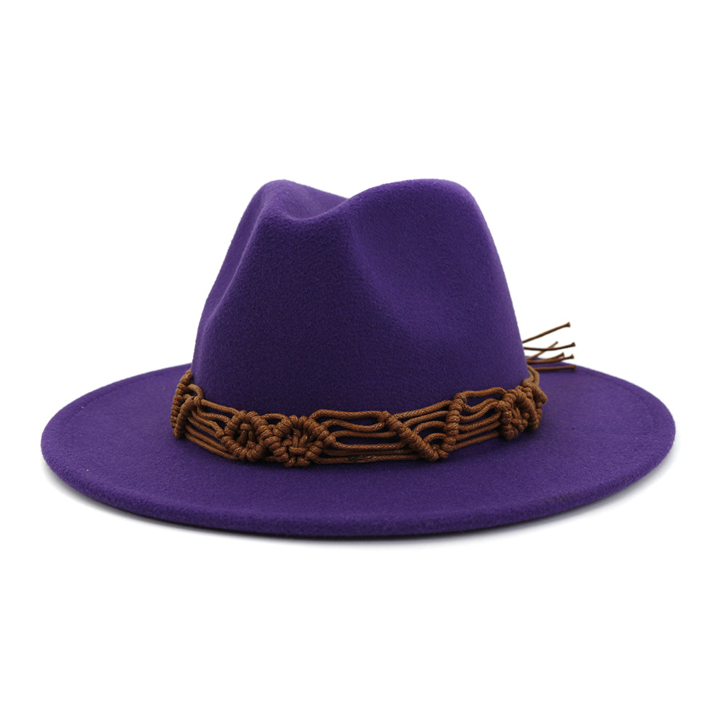 HanXi Women Hat Wool Fedoras Felt Hat Flat Brim Cap Twist Band: purple