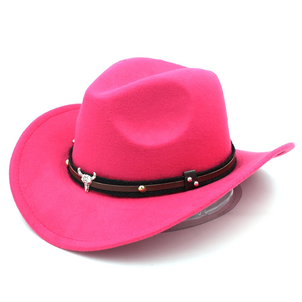 Mistdawn Wild Western Cowboy Hat Cowgirl Sombrero Cap Wool Blend Stiff Wide Brim with Tauren Leather Belt Size 56-58cm BBI: Rose Red