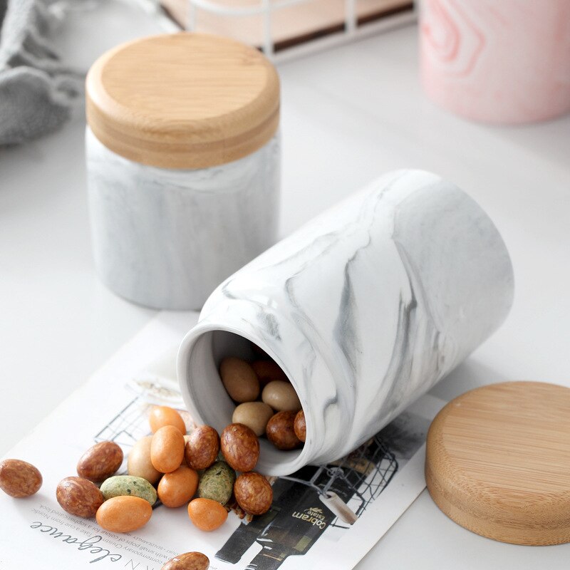 Marmor keramisk matte lagring krukke med lufttett forsegling bambus lokk porselen kaffe te caddie container flaske tank til krydder