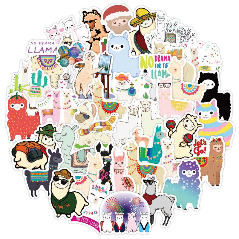 50 pièces lama alpaga mignon autocollant Kawaii dessin animé chameau mouton animaux autocollants pour enfants récompense autocollants Scrapbooking vélo voiture décalcomanie