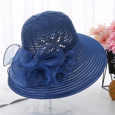 Kerk Hoeden Voor Vrouwen Breien Hollow Vintage Style Organza Zonnehoed Elegante bloemen Vrouwen Party Wedding Hoeden Haar Accessoire: Navy blue