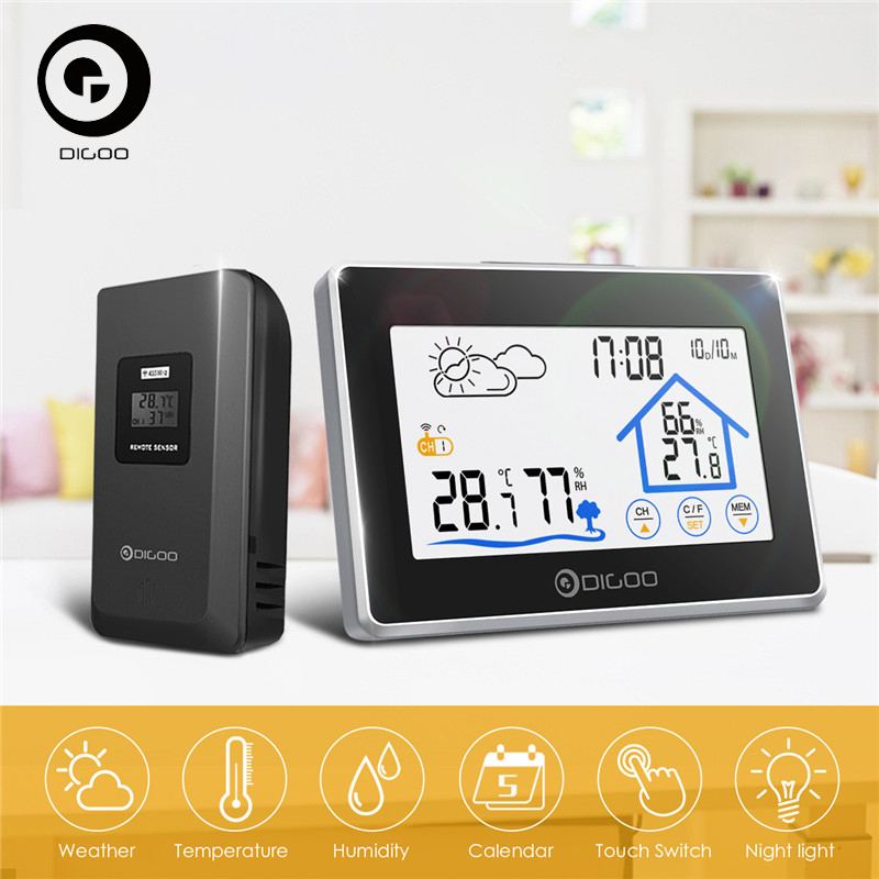 Digoo DG-TH8380 Draadloze Thermometer Hygrometer Touch Screen Weerstation Met Thermometer Outdoor Weerbericht Sensor Klok