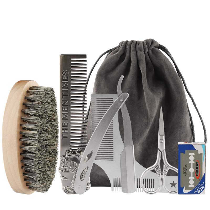 Shaving Beard Brush 5 Piece Set Bristle Men Trim Barber Shop Scissor Hairdresser Comb Razor With Bag Kit: Default Title