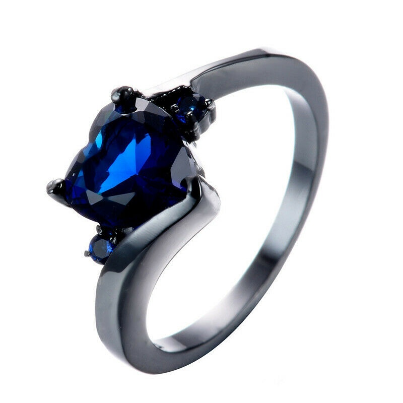 Anillo de mujer chapado en oro negro con circonita, granate en forma de corazón, tamaño 6-10: 7 / Blue