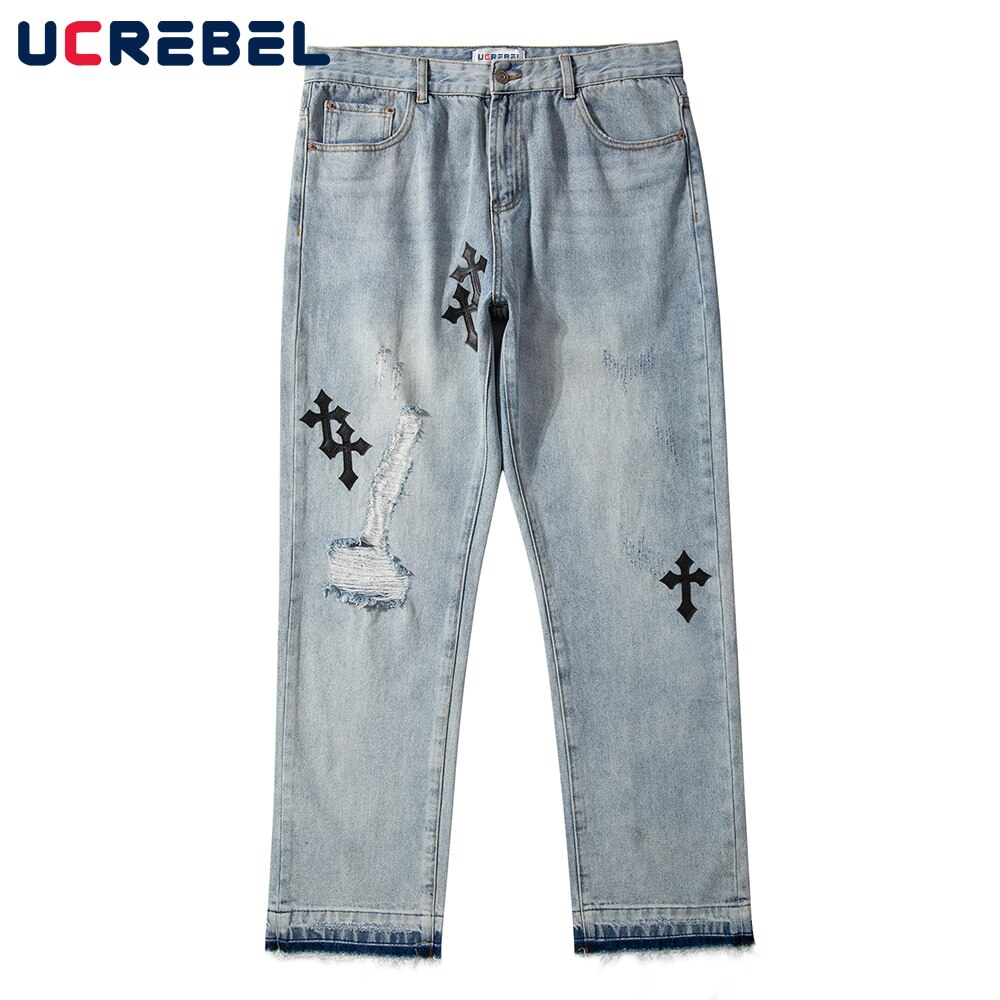 Cross Patch Borduren Ripped Gat Jeans Heren High Street Casual Denim Broek Verontruste Losse Rechte Pijpen Broek Mannen