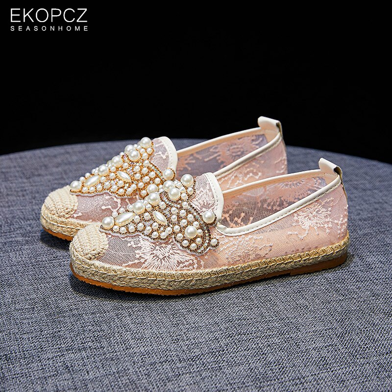 Strass Perles Espadrilles Femmes Sandales Maille Chaussures Plates D'été Respirant Lolita Sans Lacet Dames Chaussures Mocassins