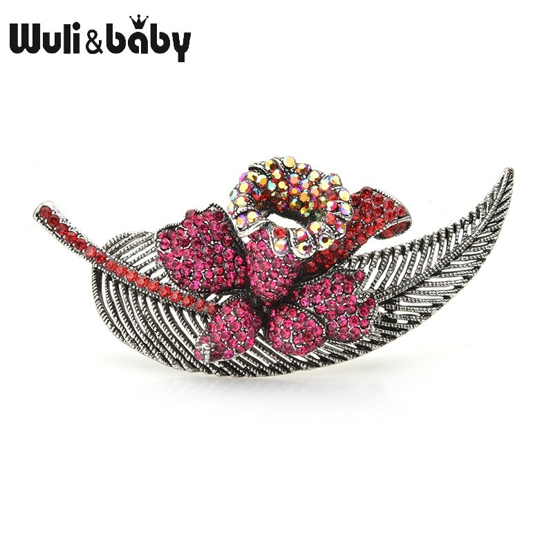 Wuli&baby Big Red Rhinestone Flower Brooches Women Retro Leaf Banquet Weddings Brooch Pins Year