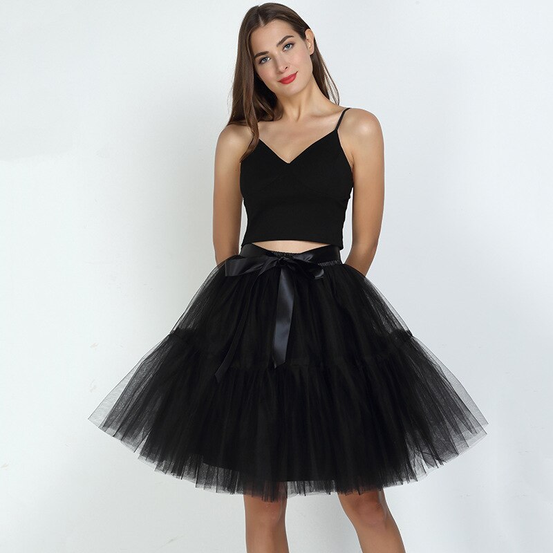 Falda plisada por debajo de la rodilla para Mujer, falda de tul de 5 capas de 60cm, Estilo Vintage, para boda, Lolita: Black