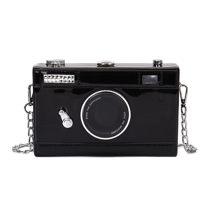 chains camera women shoulder bags funny box messenge bag luxury pu leather crossbody bag ladies small chic purses: black