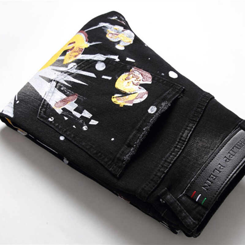 Herfst Winter Mannen Slim Pp Wassen Jeans Black Print Gebroken Gat Broek Mode Verf Print Broek Ripped denim Broek