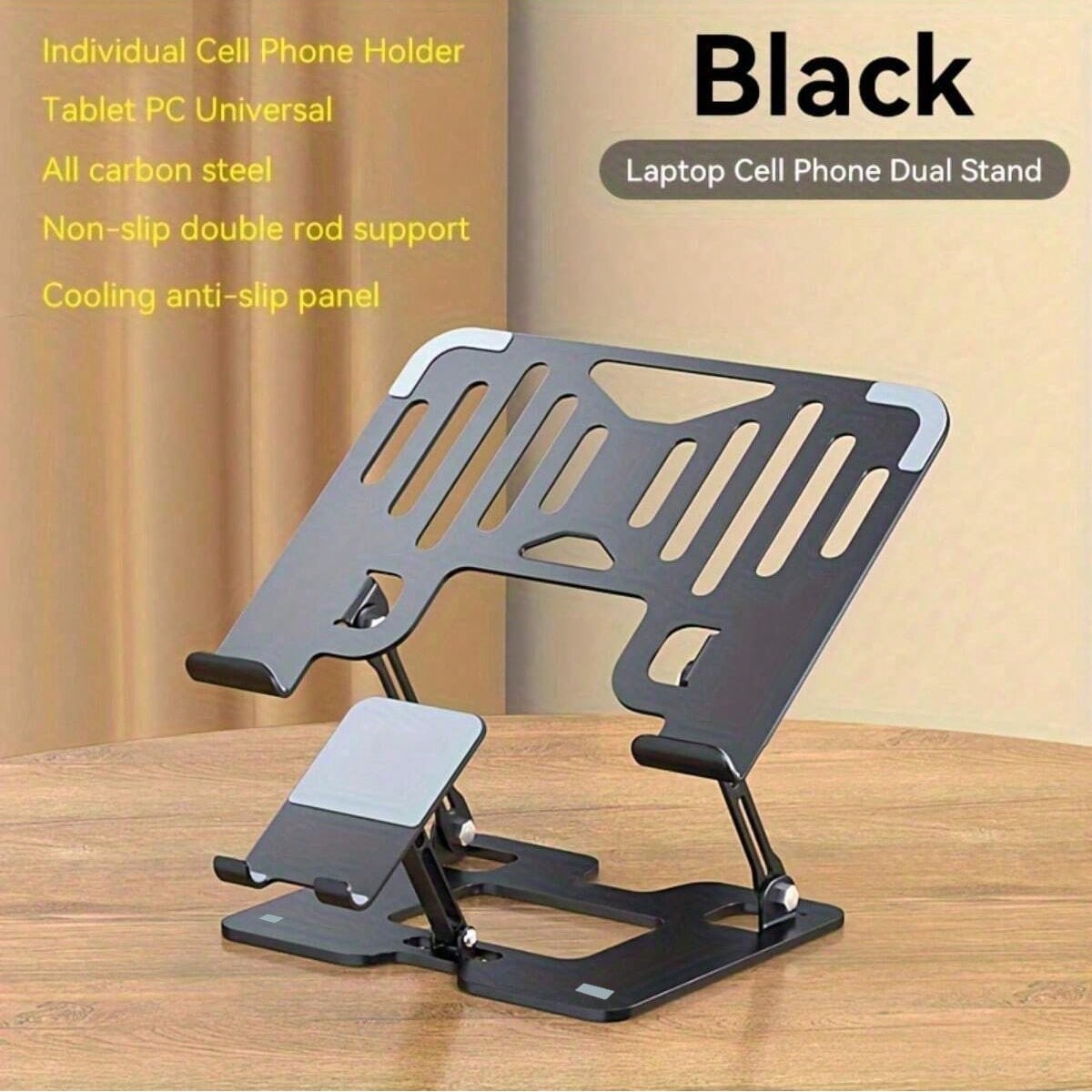 Support réglable pour ordinateur portable et tablette 2 en 1 qui pouvant accueillir des smartphones et des ordinateurs portables. Coussin de refroidissement pliable en acier au carbone