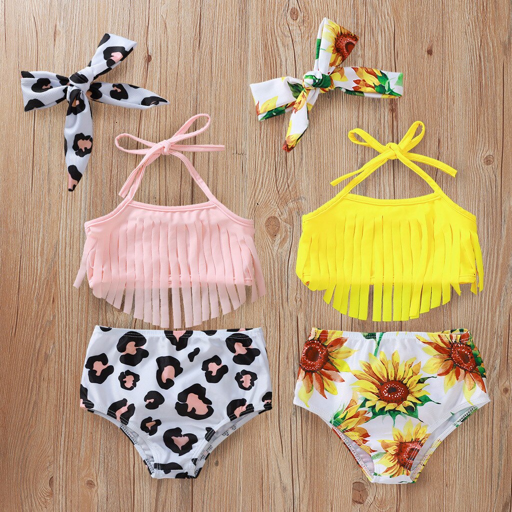 0-36 Months Cute Baby Girls Swimwear Pink Tassel Sling Tops Girls Bikini Leopard Print Trunks Newborn Swimsuits For Girls