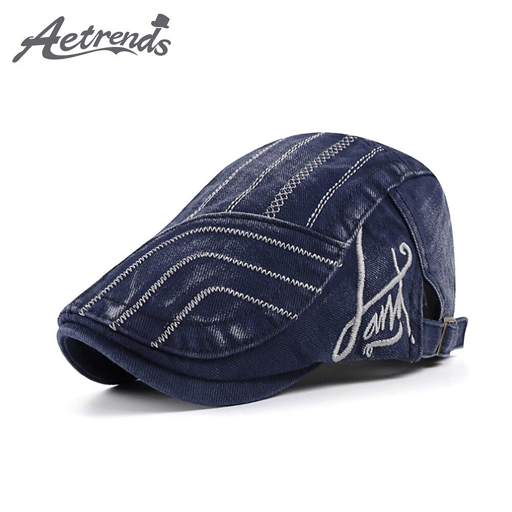 [AETRENDS] Washed Denim Newsboy Cap Men Peaked Flat Caps Artist Hat Casual Berets Hat Z-10139