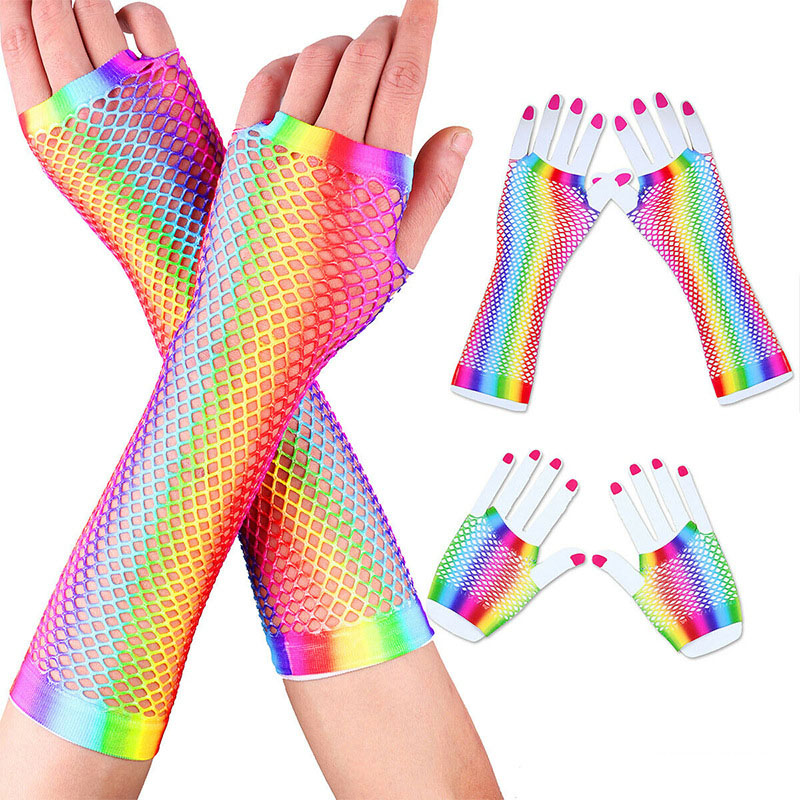 1 paar Regenbogen Farbe Damen sexy Gittergewebe Netz Fischnetz Handschuhe Frauen Aushöhlen Löcher Finger Handschuhe Dame Disko tanzen Kostüm handschuh