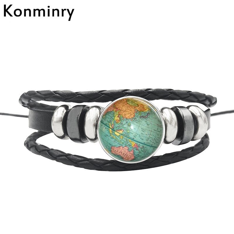 Vintage World Map Globe Leather Rope Bracelet Glass Dome Buttons Africa Bangle For Women Men Jewelry: 9