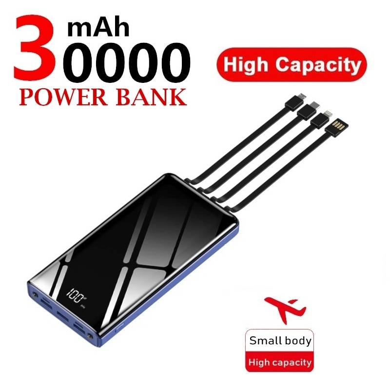 30000mah For IPhone Samsung Xiaomi power bank Power Bank Built-in 4 Cables Full Screen Powerbank Fast Charging External Battery
