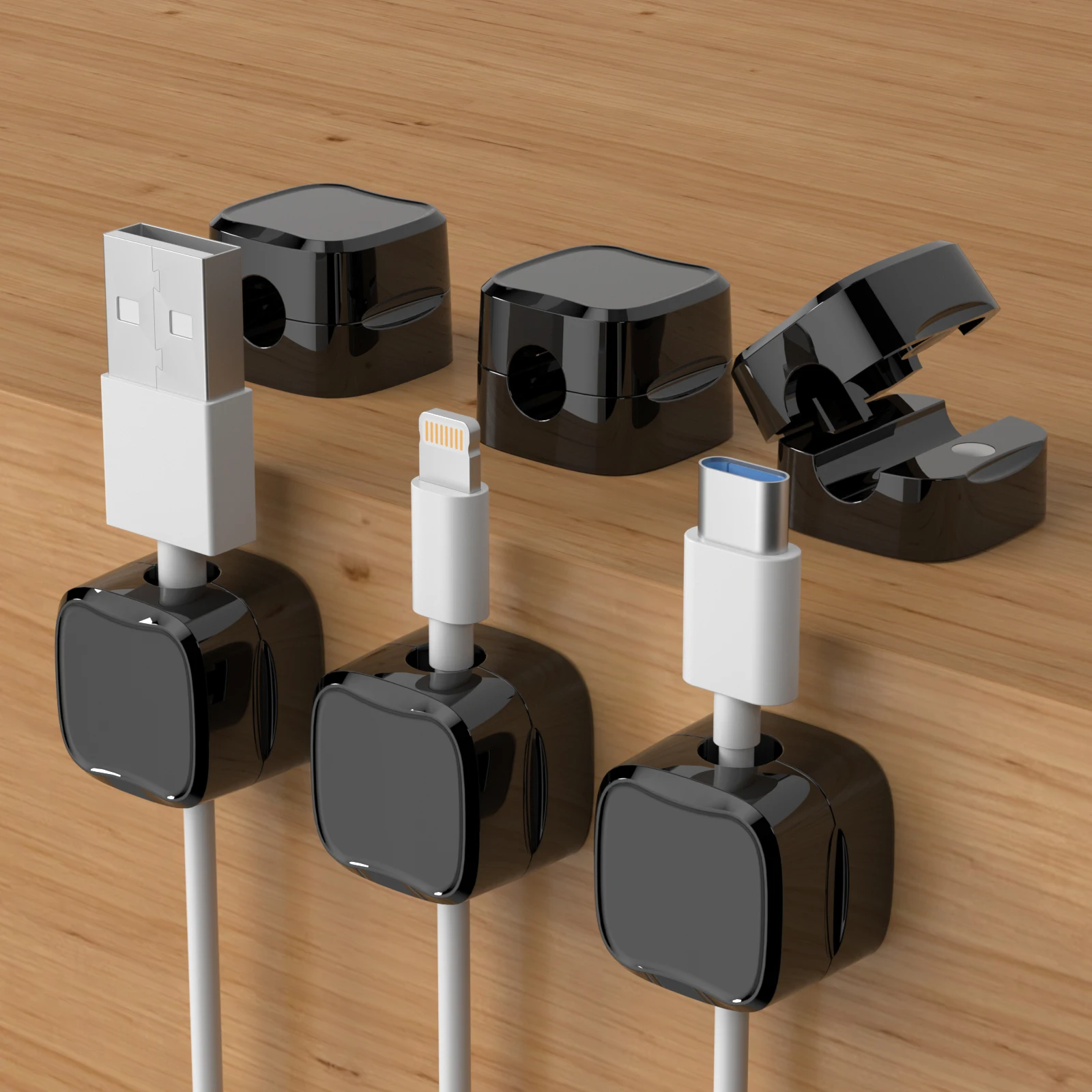 Organisateur de câbles, boîte de prise magnétique, enrouleur de câble en Silicone, Clips de gestion de câbles flexibles pour souris, écouteurs, câble de données de téléphone 6 pièces: Black