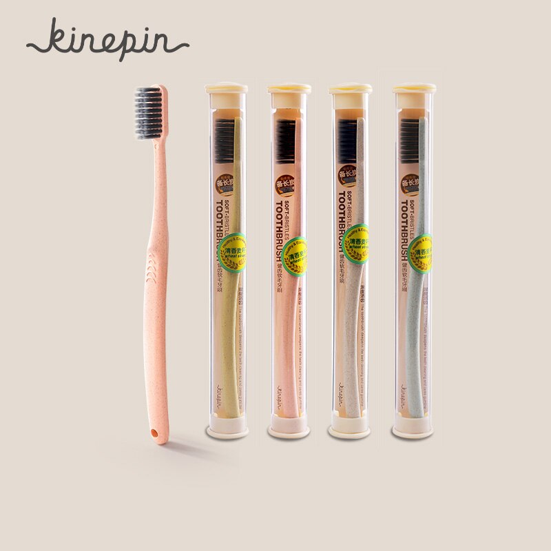 Kinepin 2 stk blød tandbørste for voksne, bærbar tandrensning af hvedehalm med trækulsbørste med rejsetaske