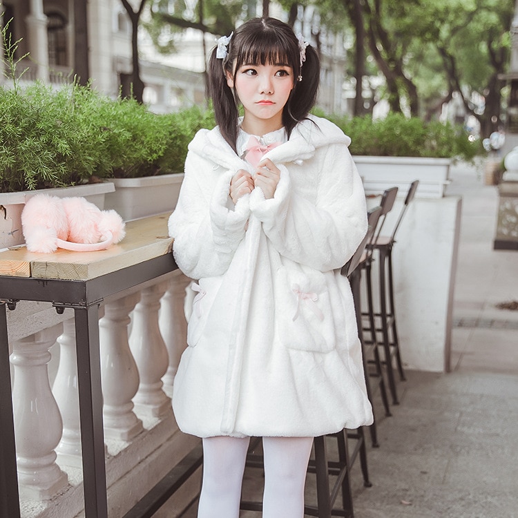 Abrigo de felpa estilo universitario japonés de invierno de lolita dulce, grueso, lindo, con botones de cuerno de gato, abrigo mediano largo, abrigo de chica kawaii loli
