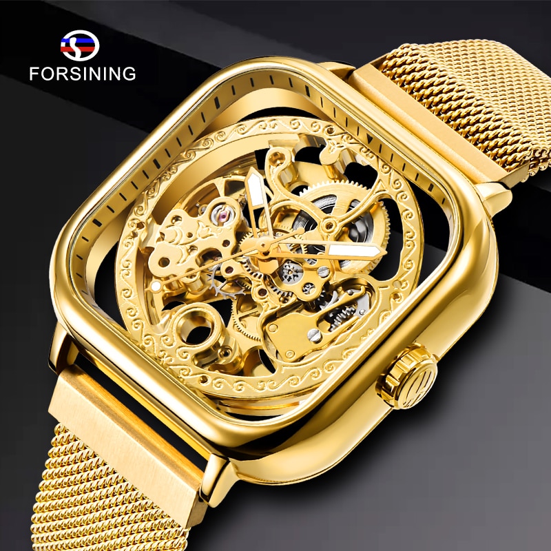 Forsining Mannen Mechanische Horloges Automatische Self-Wind Golden Transparante Mode Mesh Steel Horloge Voor Mannelijke Relogio Masculino