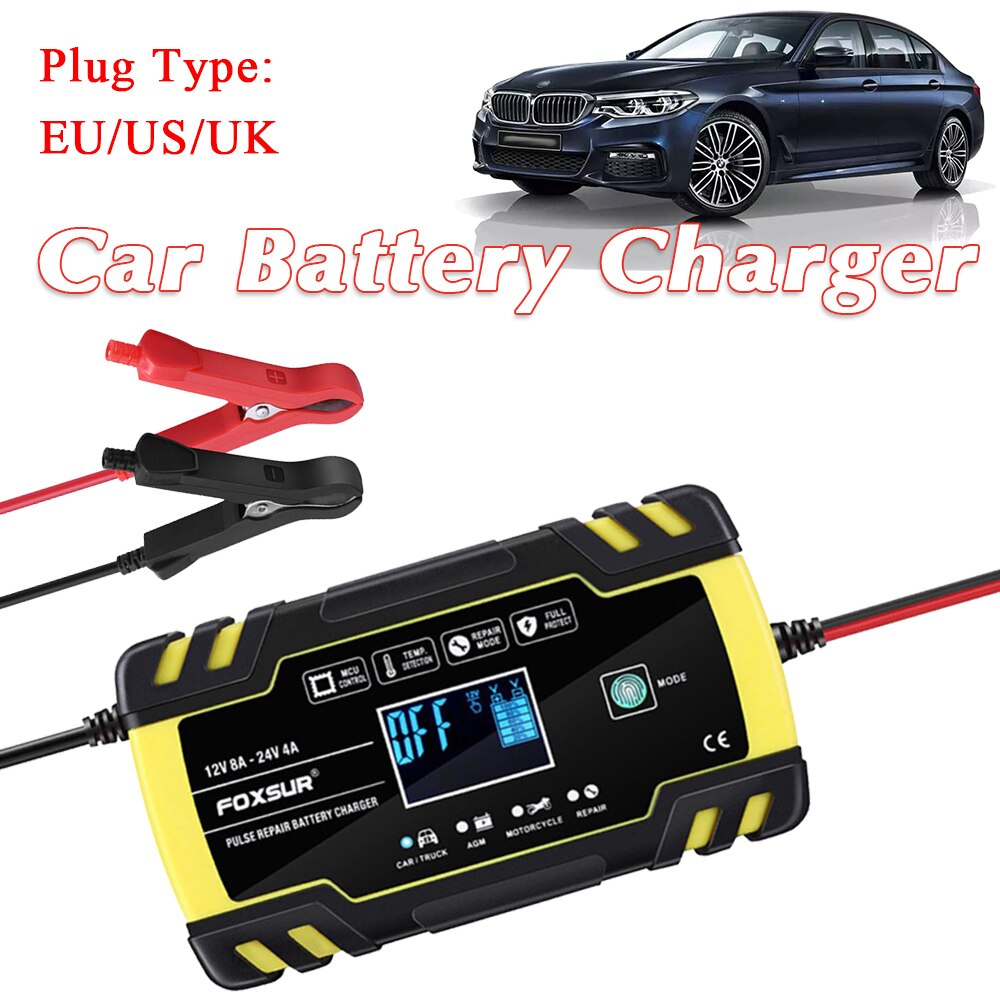 Carregador de bateria flutuante dessulfatador, 12V-24V 8A, tela LCD, recarga e recuperação de carga chumbo ácido, seco e molhado, totalmente automático, para carros