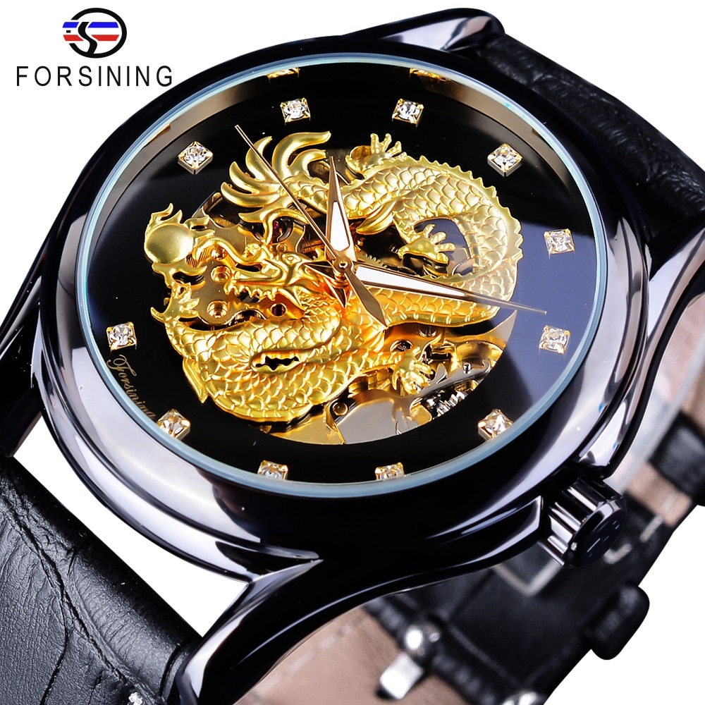 Forsining Diamant Display Dragon Zwart Gouden Lichtgevende Hand Transparante Mannen Kijken Topmerk Luxe Waterdicht Mechanische Horloges