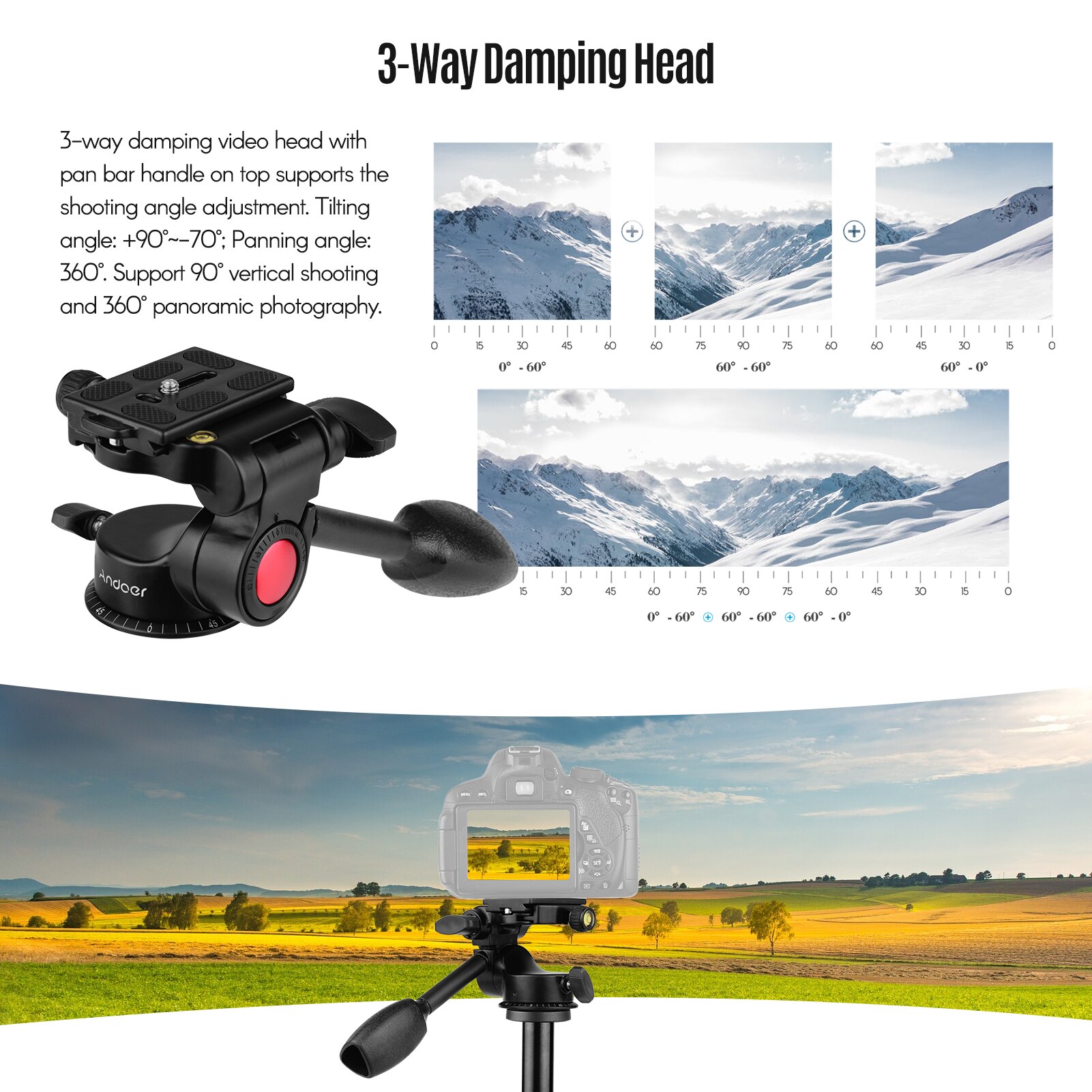 Tripé de câmera andoer de 162cm, tripé de liga de alumínio + cabeça de tripé de 3 vias para câmeras dslr ildc com carga máxima de 8kg