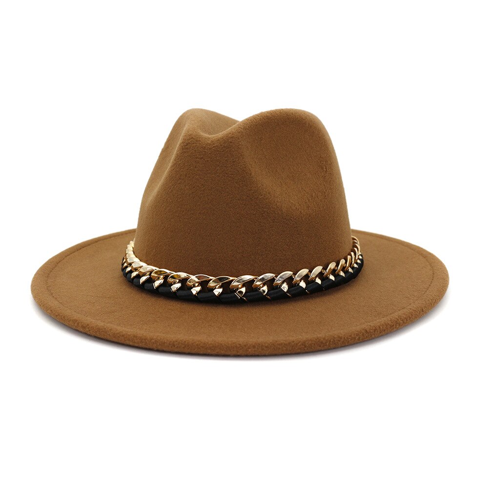 Europæisk amerikansk imiteret uldne bowlerhatte til kvinder mænd vinter efterår vintage bredskygget top jazzhat fedora kasketter med kæde: 11