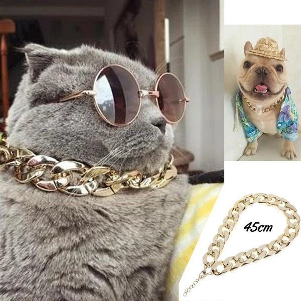 Hip Hop Pet Necklace Cuban Link Thick Golden Chain Dog Cat Gold Chain Pets Safety Collar 45cm Stylish Funny P3