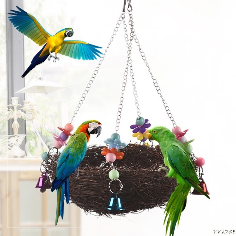 Nid d'oiseau en rotin naturel | Jouet balançoire avec Cage à cloches, support pour perroquet perruche perruche cafard